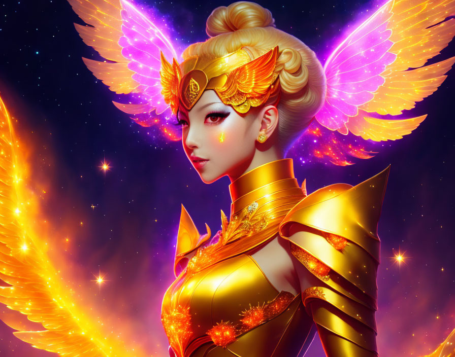 Majestic character with glowing wings and golden armor in starry setting