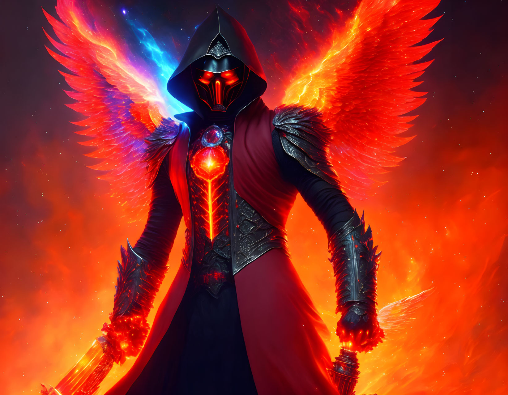 Majestic figure in hooded cloak with fiery wings and gemstone on red backdrop