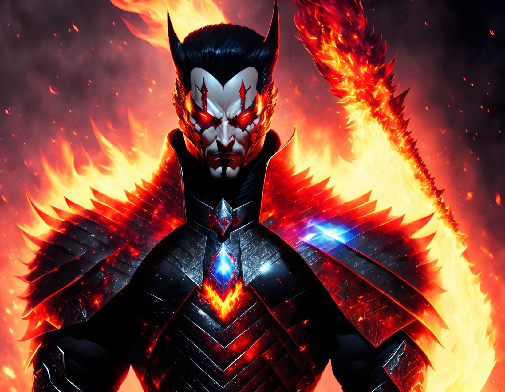 Character in black and blue armor with sharp horns and glowing gem, surrounded by flames