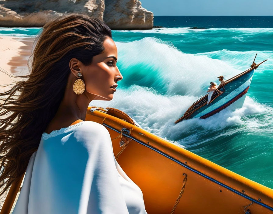 Woman with flowing hair gazes at sea with boat and crashing waves against cliffs