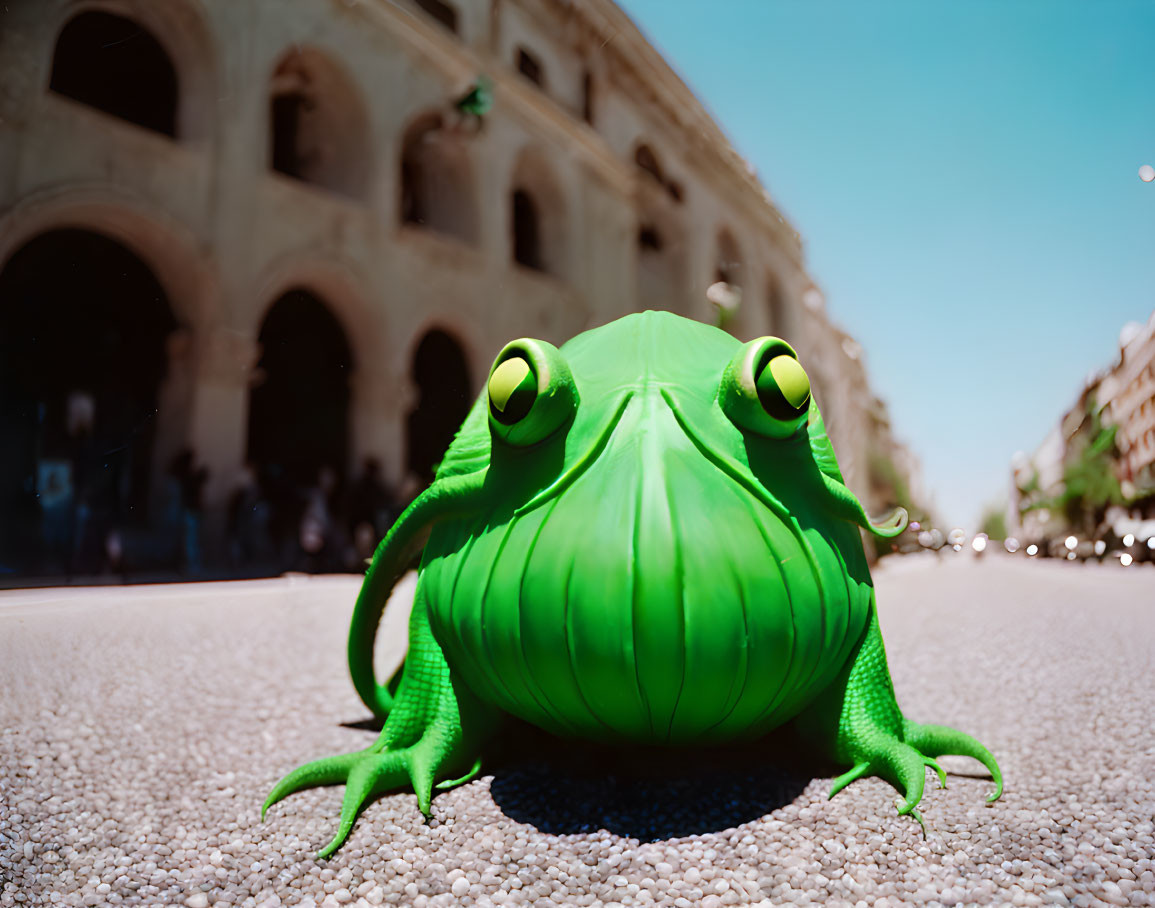 Oversized green inflatable frog on cobblestone street