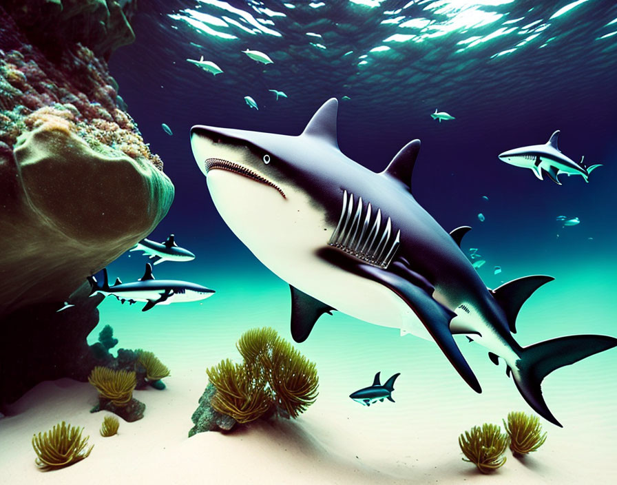 Shark swimming near coral reef with smaller fish and sunbeams.