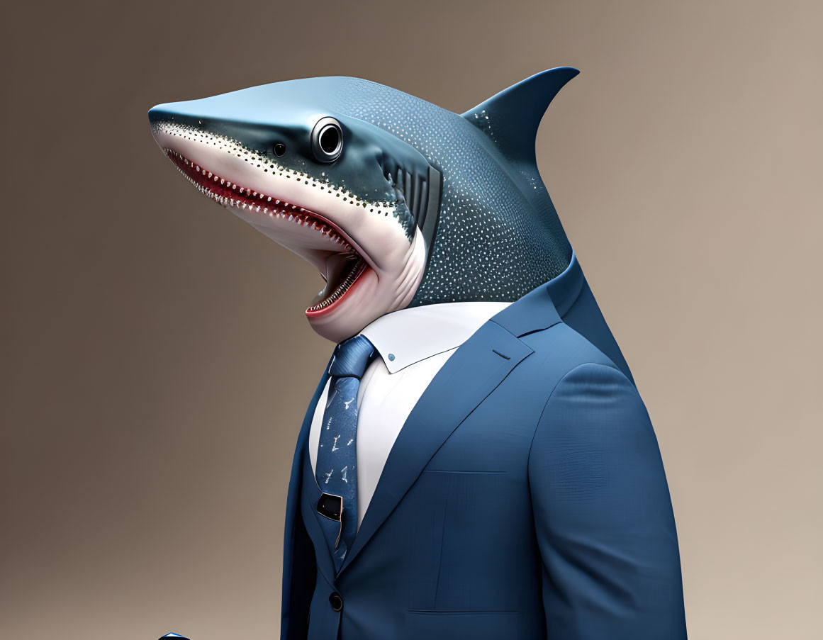 Shark head on suited body in digital art