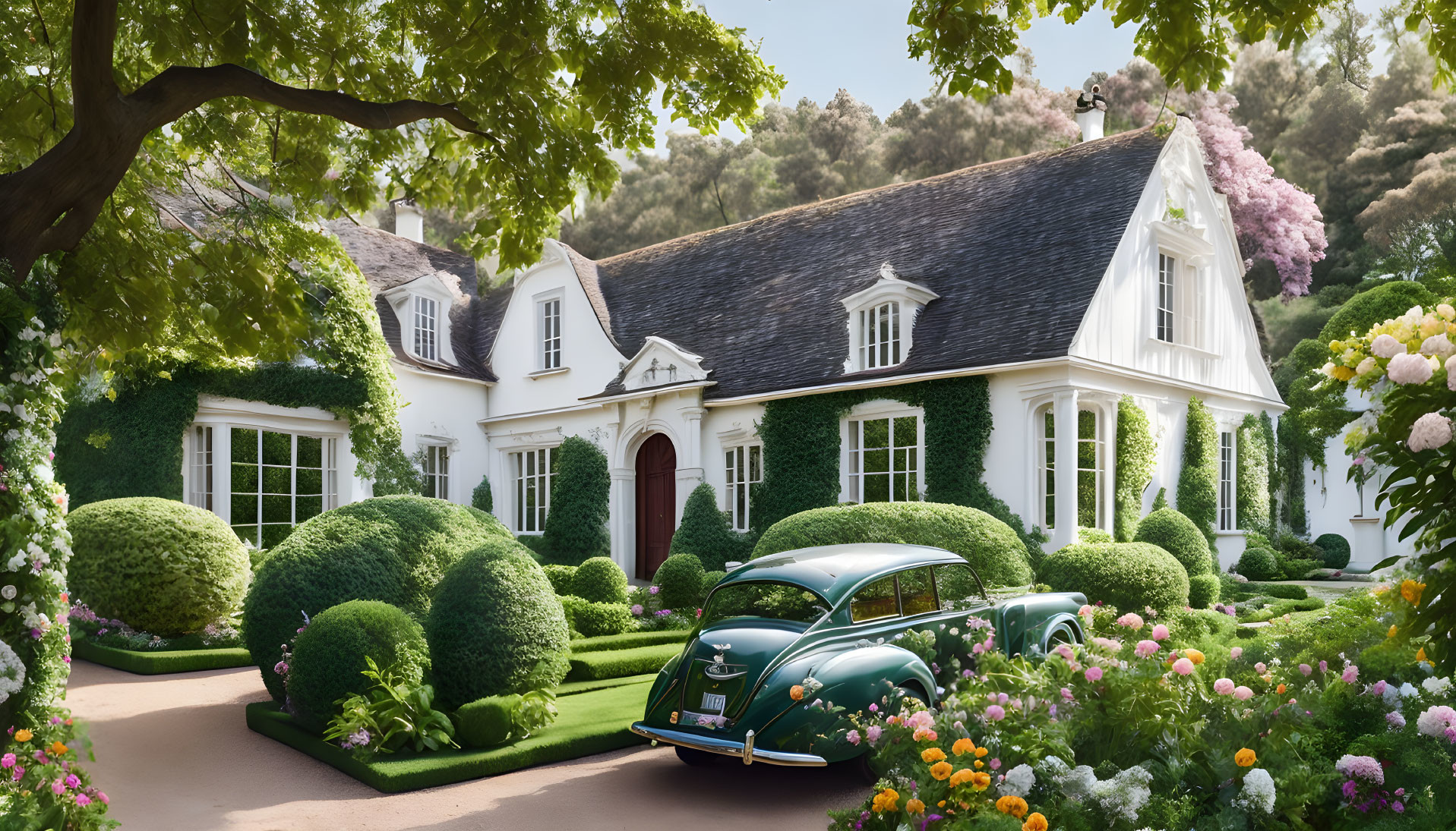 Vintage green car parked in front of elegant house with manicured garden & lush surroundings.