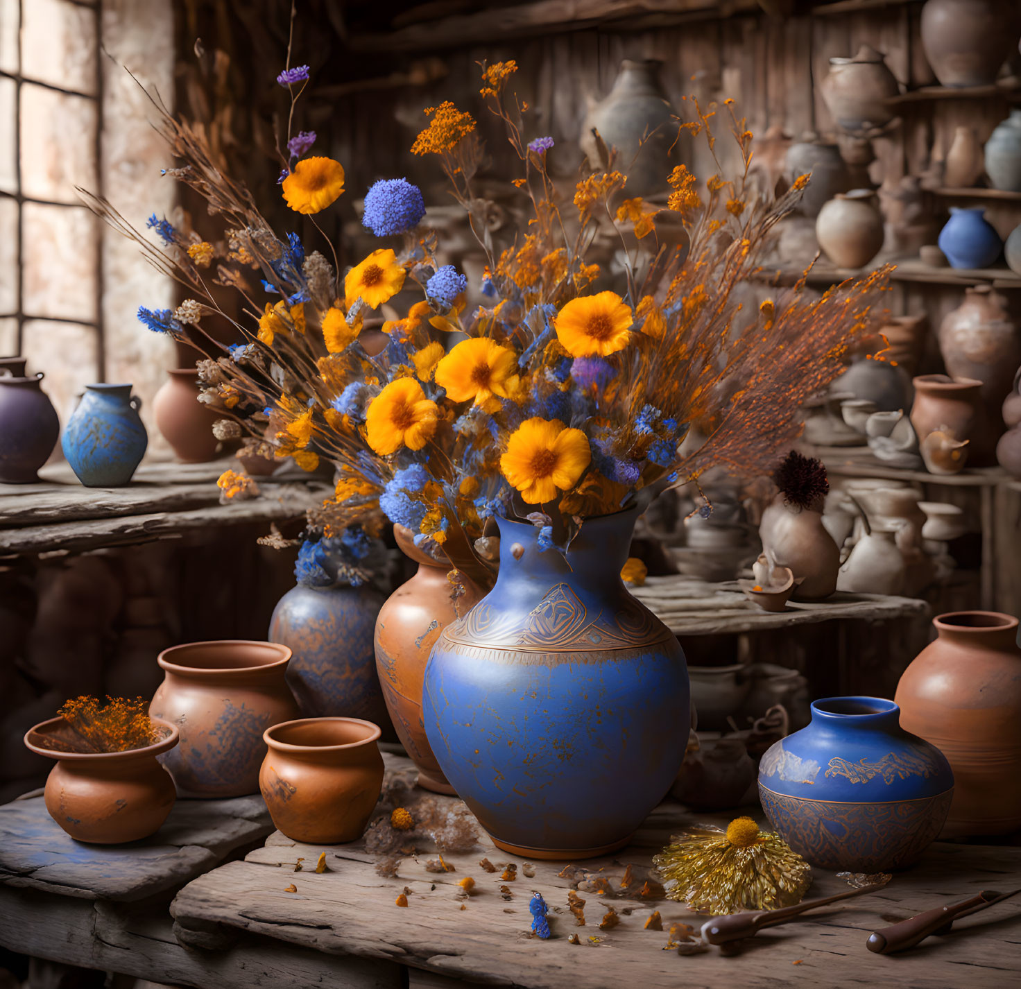 Yellow and Purple Flowers in Blue Vase Among Rustic Pottery