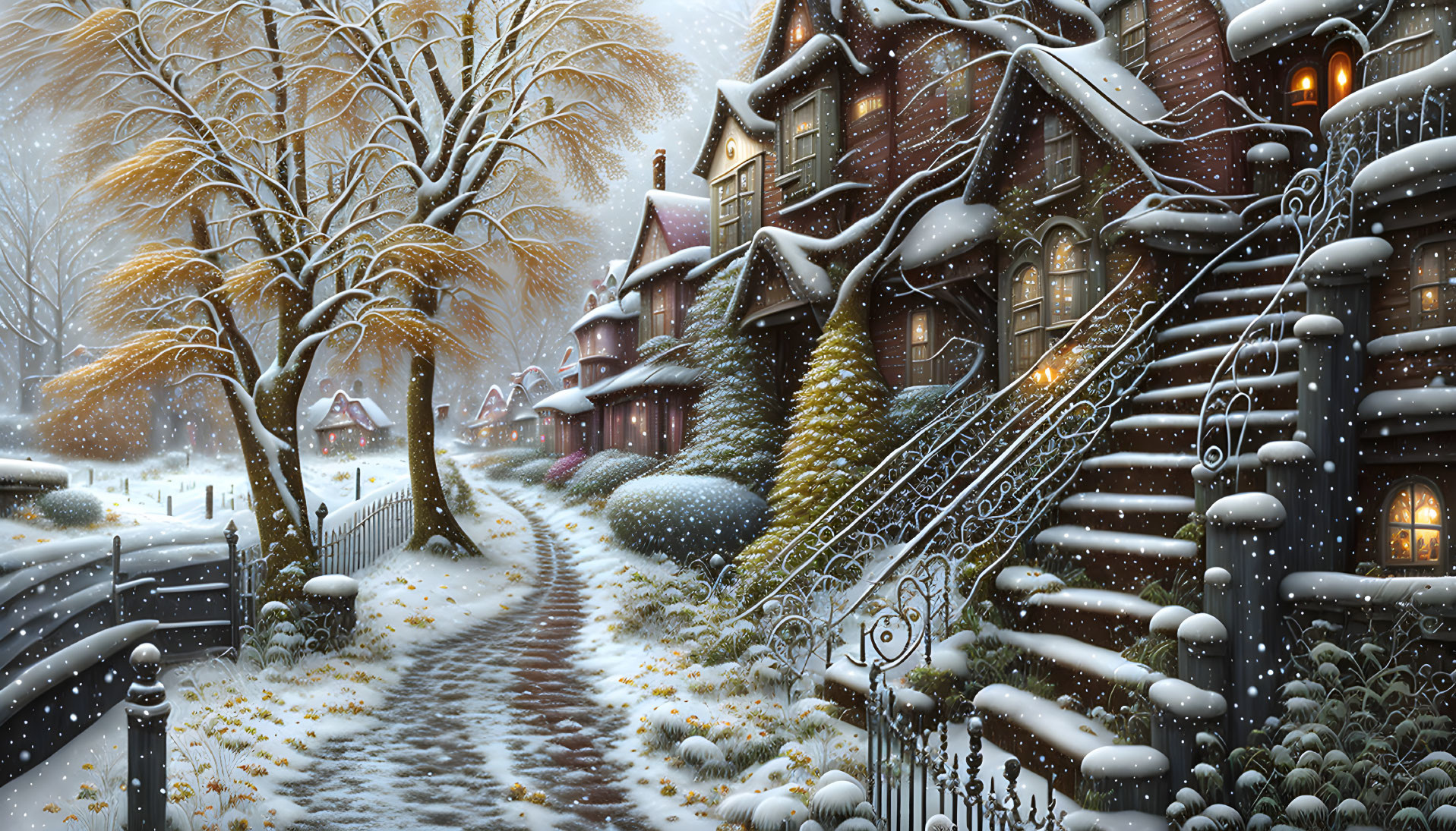 Snow-covered houses, lit pathway, and falling snowflakes in cozy winter scene