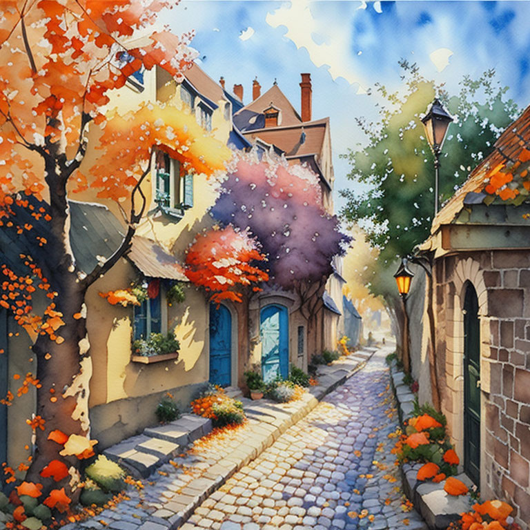 Tranquil cobblestone street with cozy autumn houses under warm sky