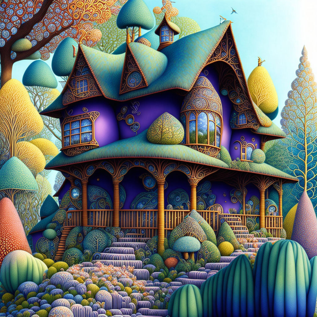 Whimsical purple house surrounded by colorful trees