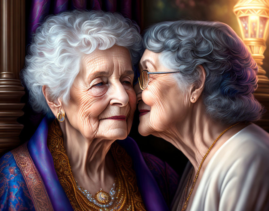 Elderly women with gray hair touching foreheads in blue and cream attire.