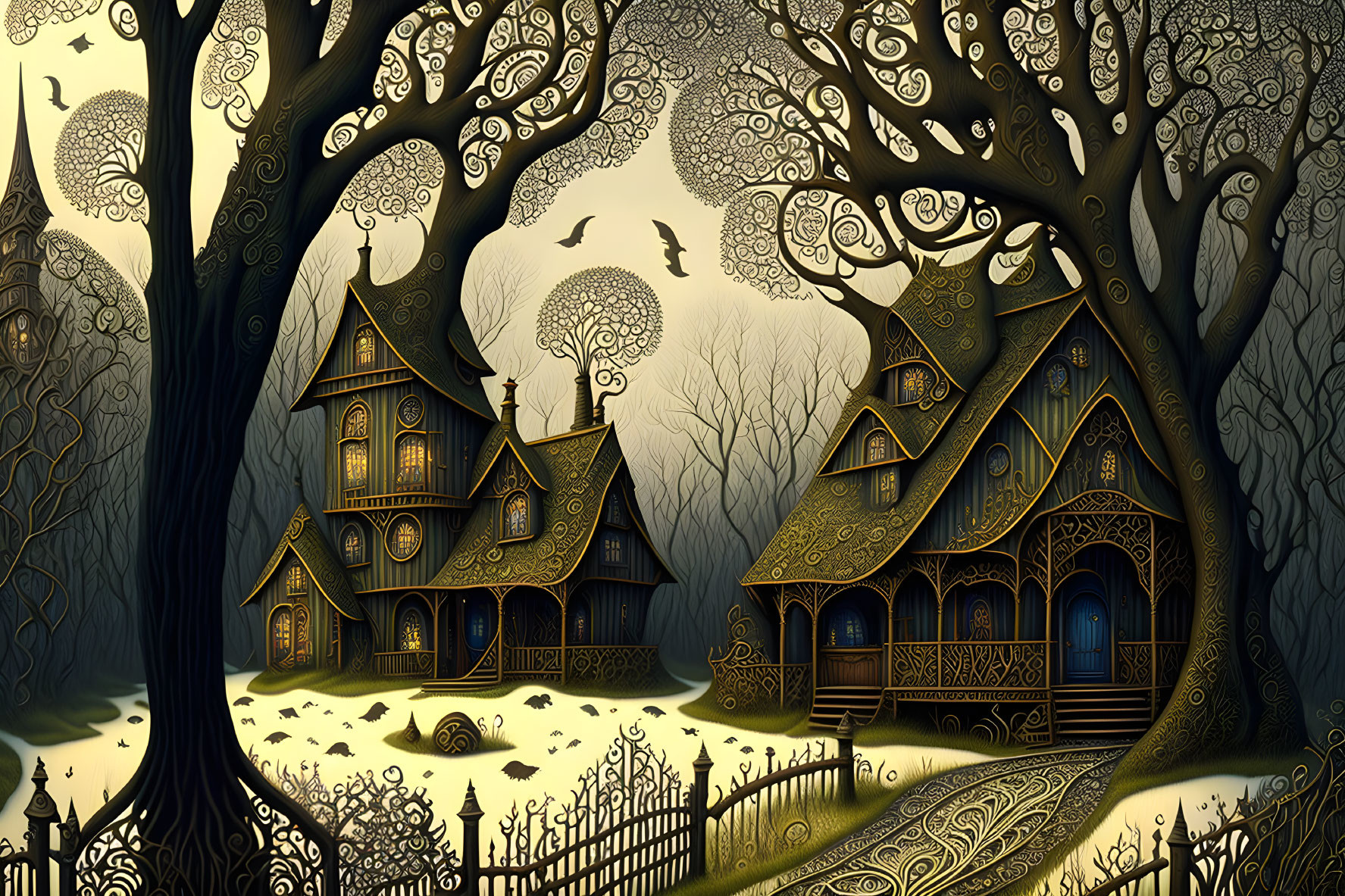 Detailed illustration of whimsical houses and trees with birds in golden light