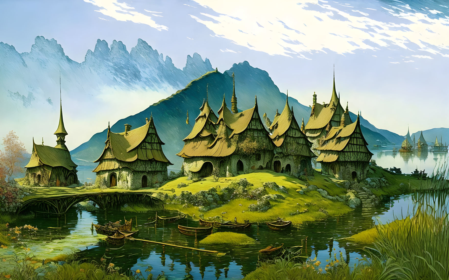 Tranquil fantasy village with thatched-roof cottages and serene lake