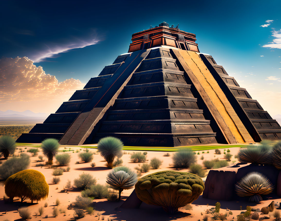 Aztec pyramid in desert landscape with cacti