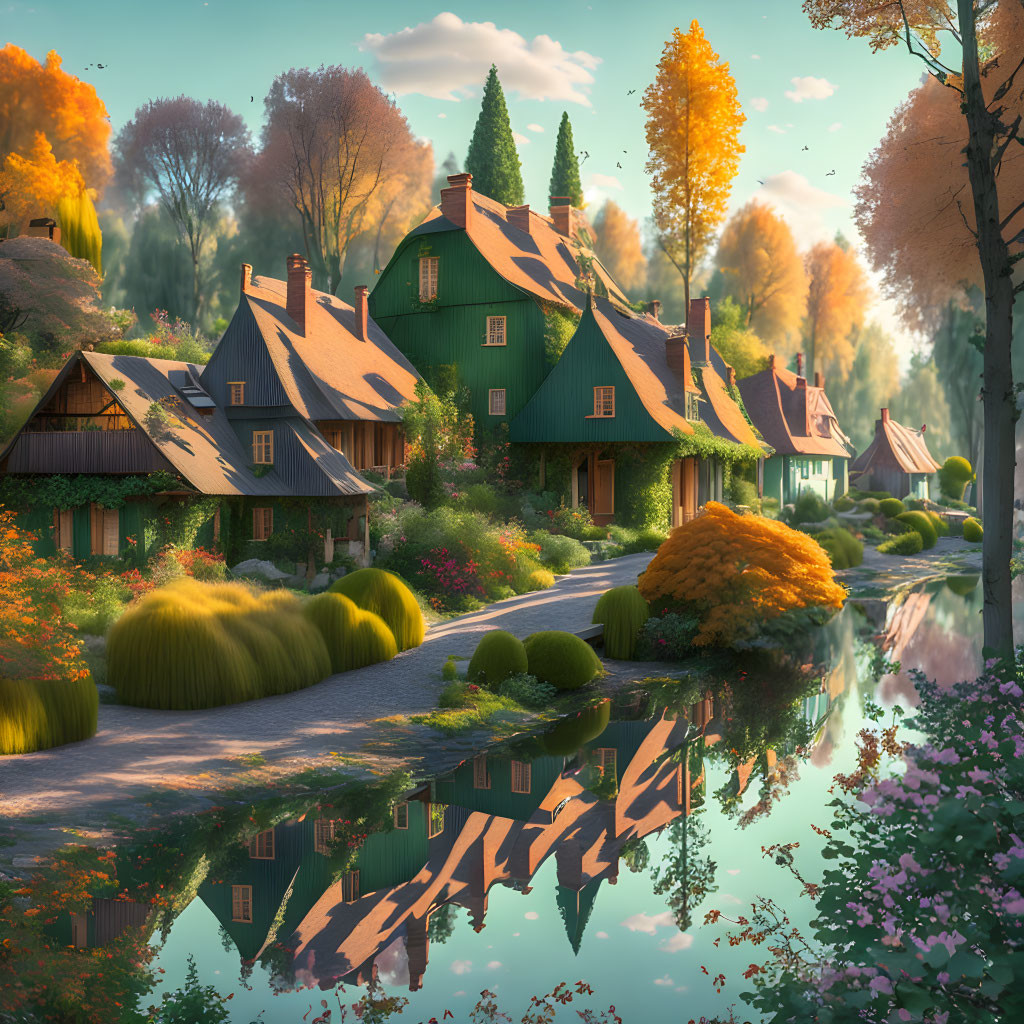 Scenic village by river with green-roofed houses, autumn trees.