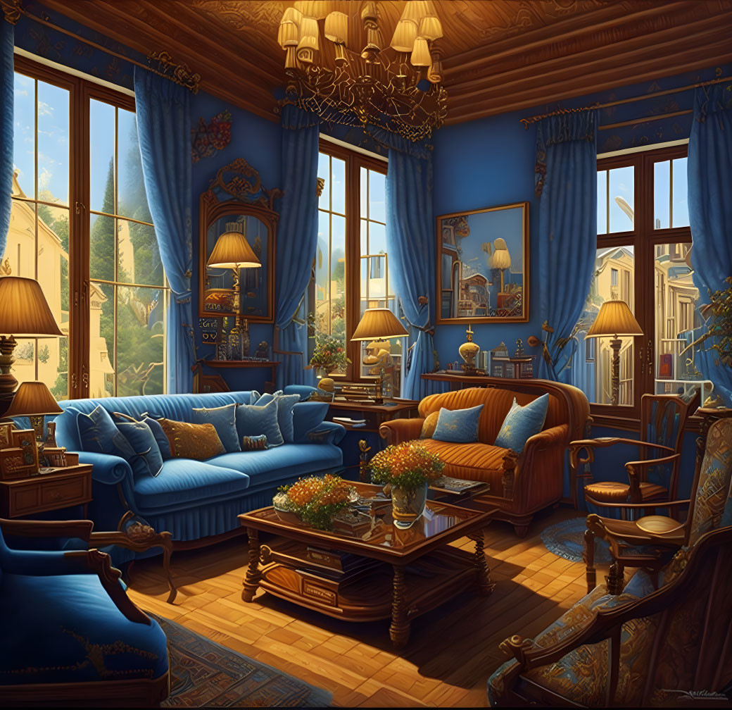 Luxurious room with blue drapery, sunlight, chandelier, paintings, wood floors, and