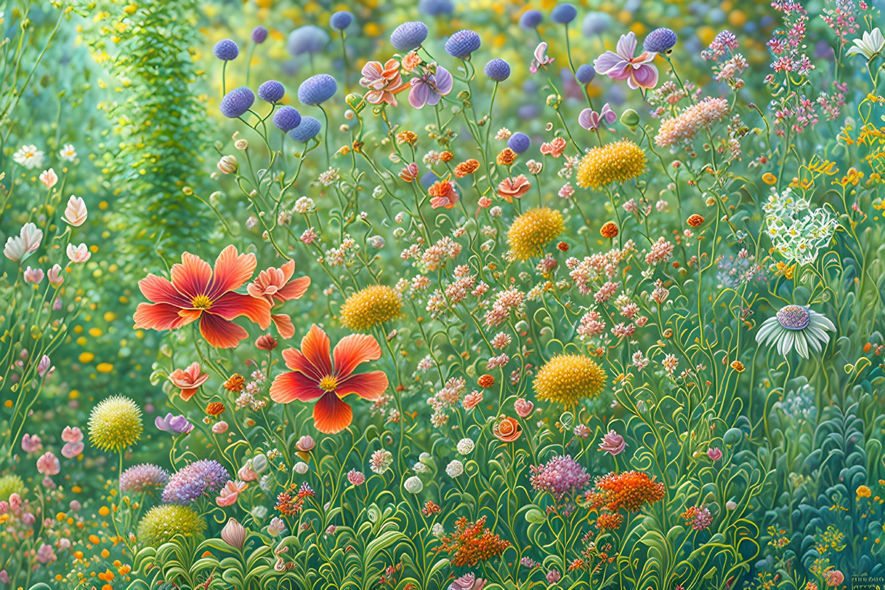 Detailed Painting: Assorted Flowers in Full Bloom