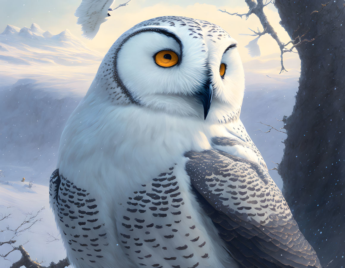 Snowy Owl Perched on Branch in Winter Landscape