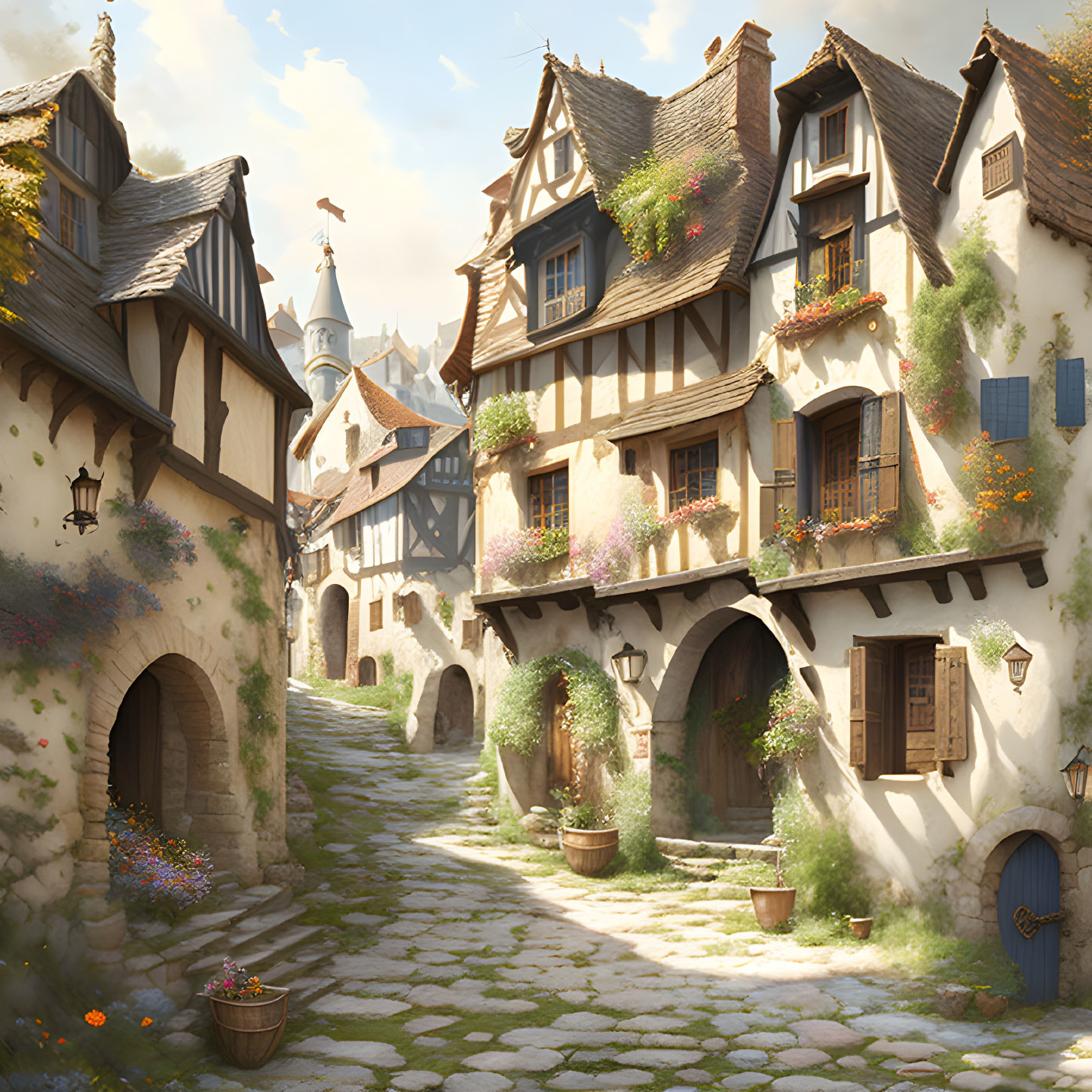 Medieval village: Cobblestone streets, half-timbered houses & sunny vibe