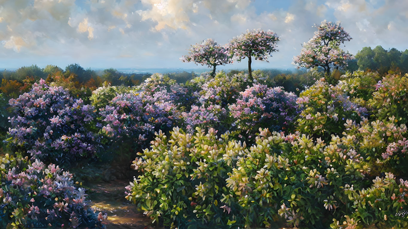 Vibrant painting of blooming garden with lilac flowers, green foliage, and towering trees