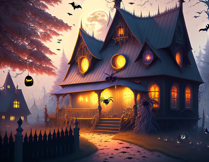 Fantasy-themed house with Halloween decorations and glowing lights