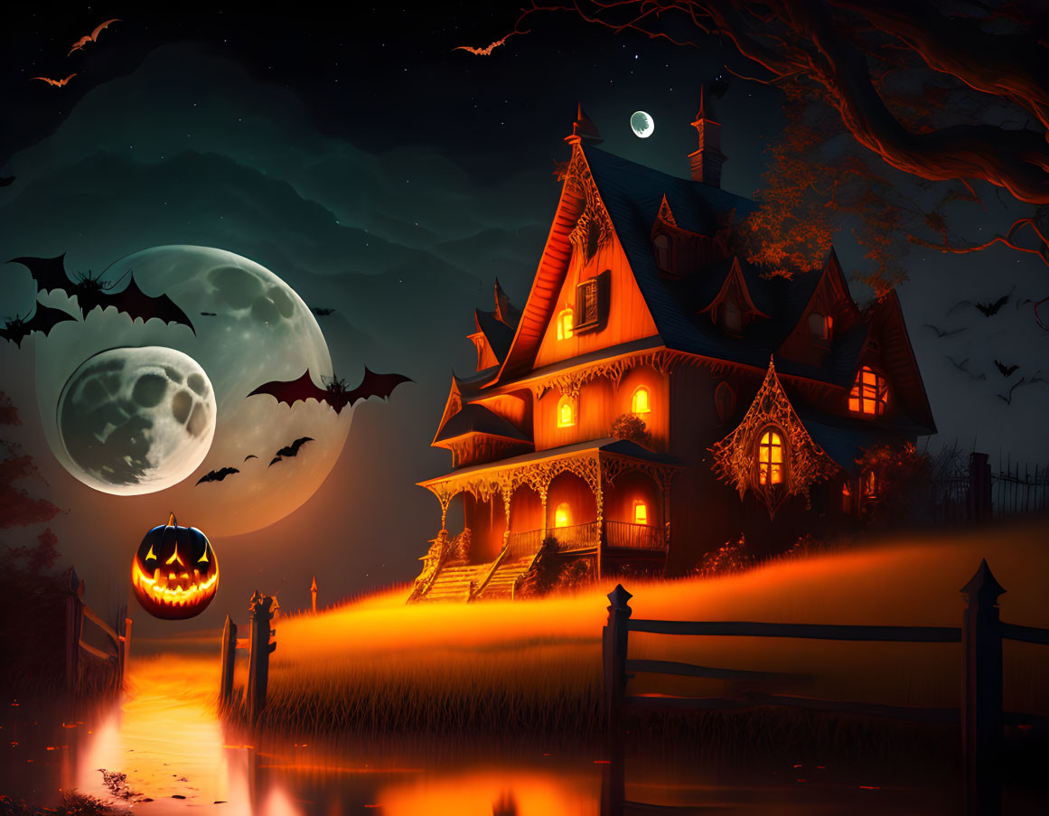 Spooky haunted house with jack-o'-lanterns on misty Halloween night