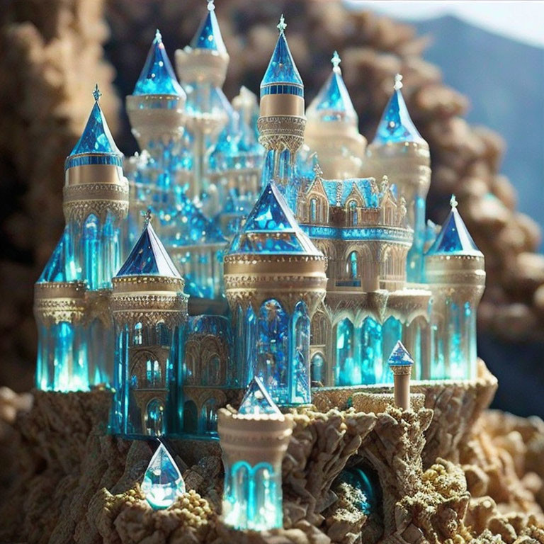 Intricate Glowing Blue Crystal Castle on Rugged Rock Base