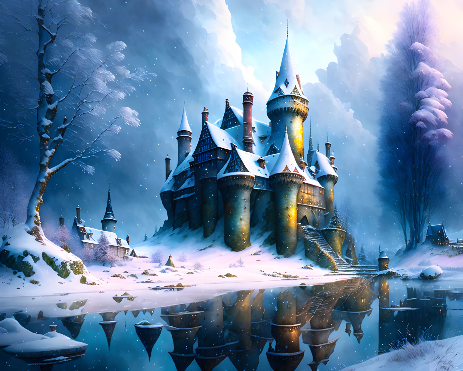 Majestic castle in snowy winter landscape by icy river