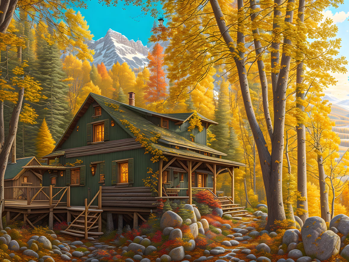 Green cabin in autumn forest with cobblestone path, blue sky, mountain backdrop