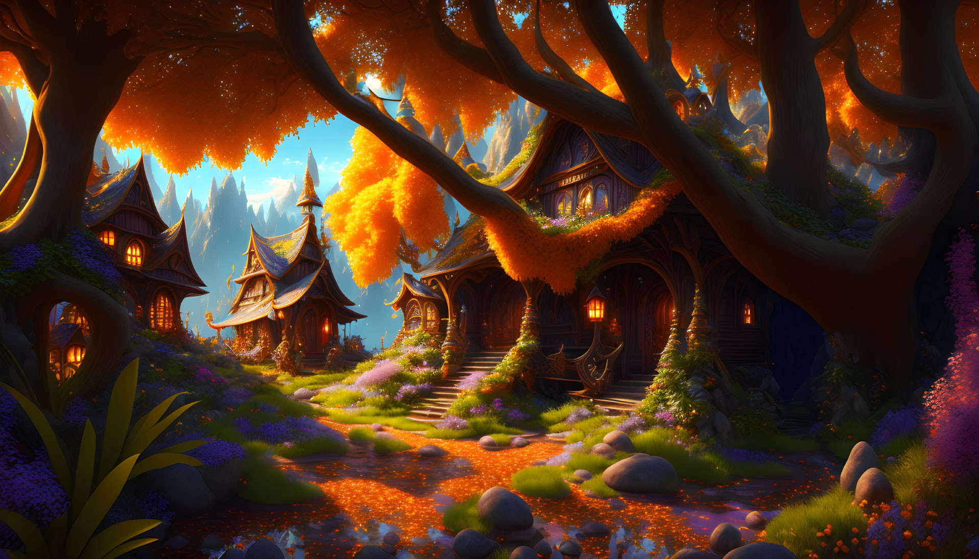 Whimsical enchanted forest with autumn leaves and cobblestone path