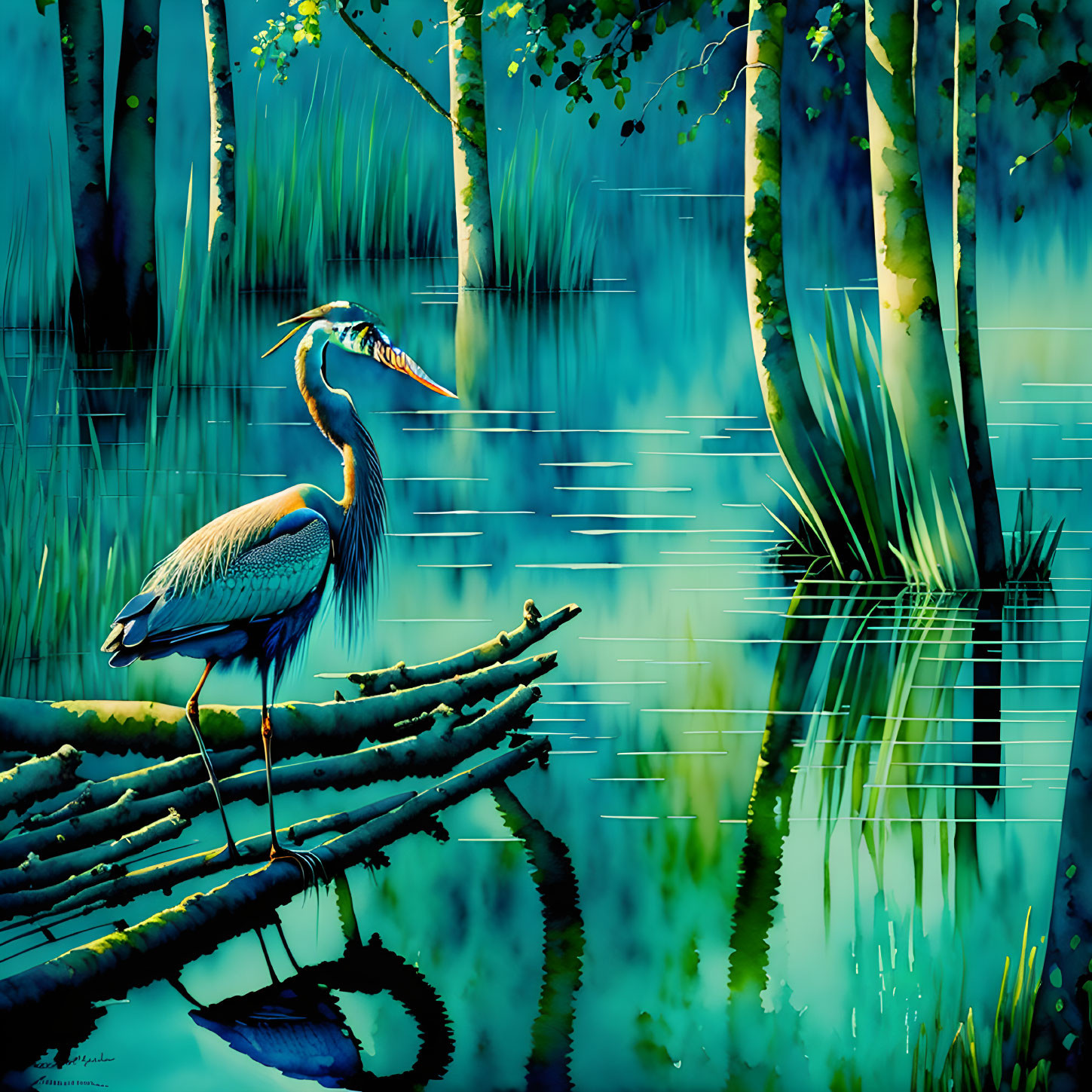 Heron on fallen tree in serene wetland landscape