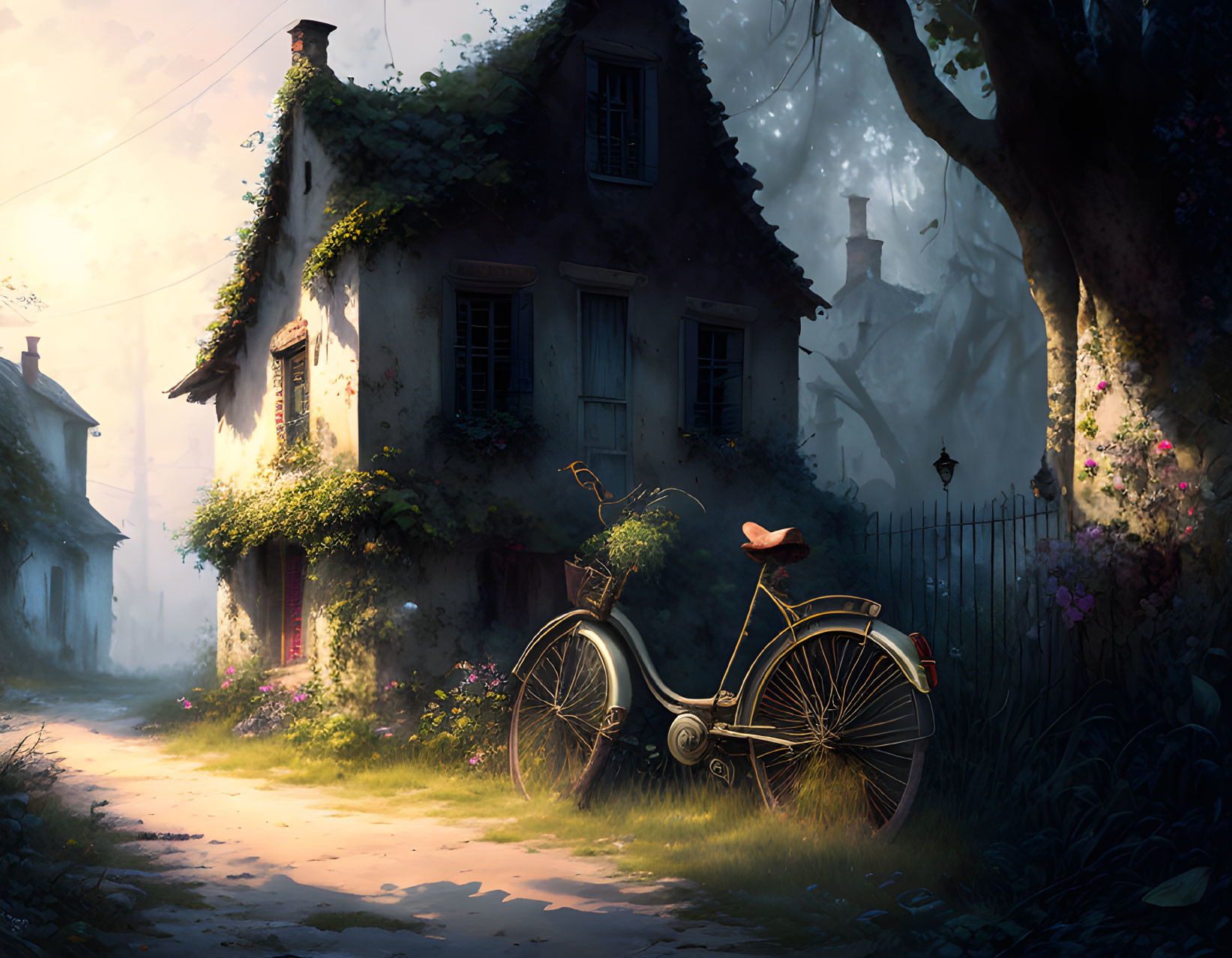 Vintage bicycle beside quaint cottage in lush greenery