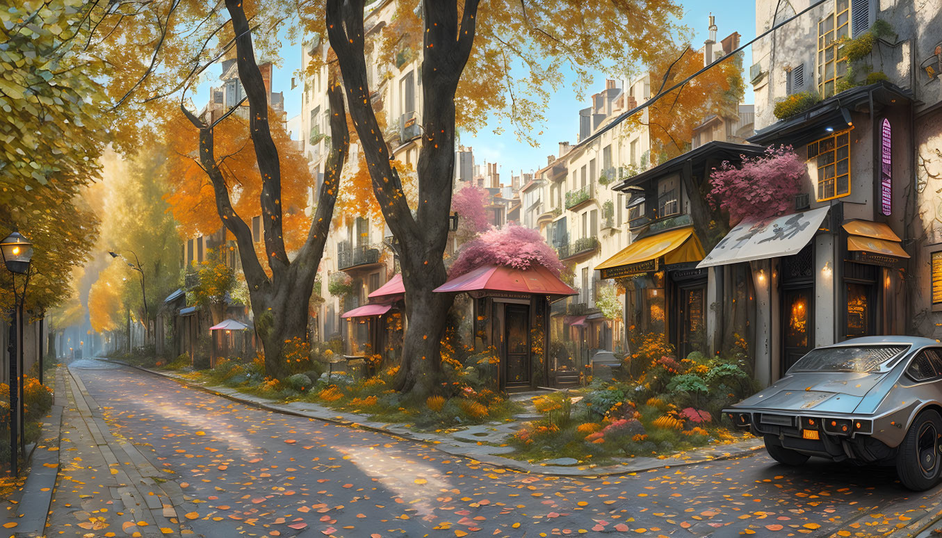 Colorful autumn street scene with vintage car and charming shops.