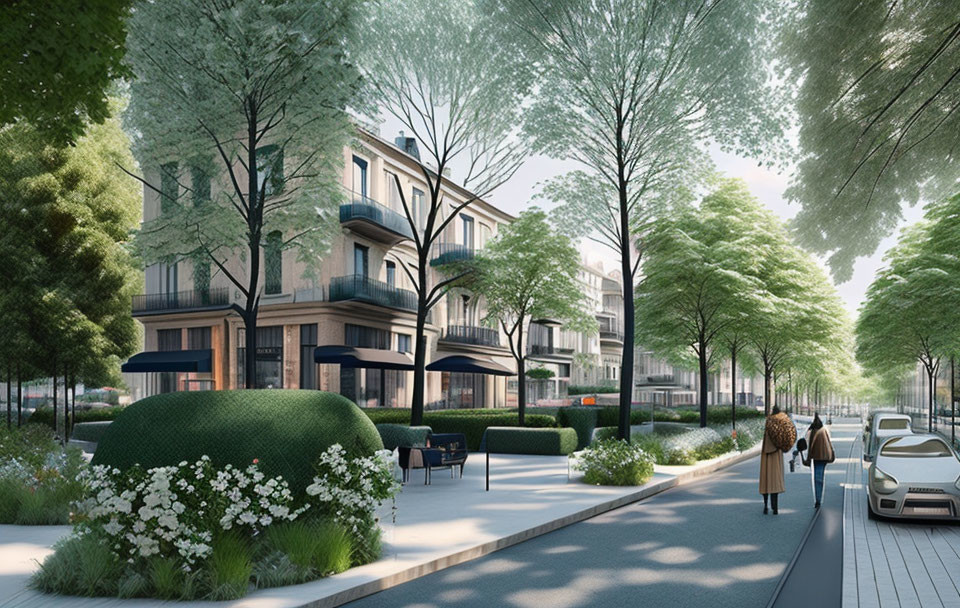 Contemporary urban street with trees, apartments, benches, and pedestrian.