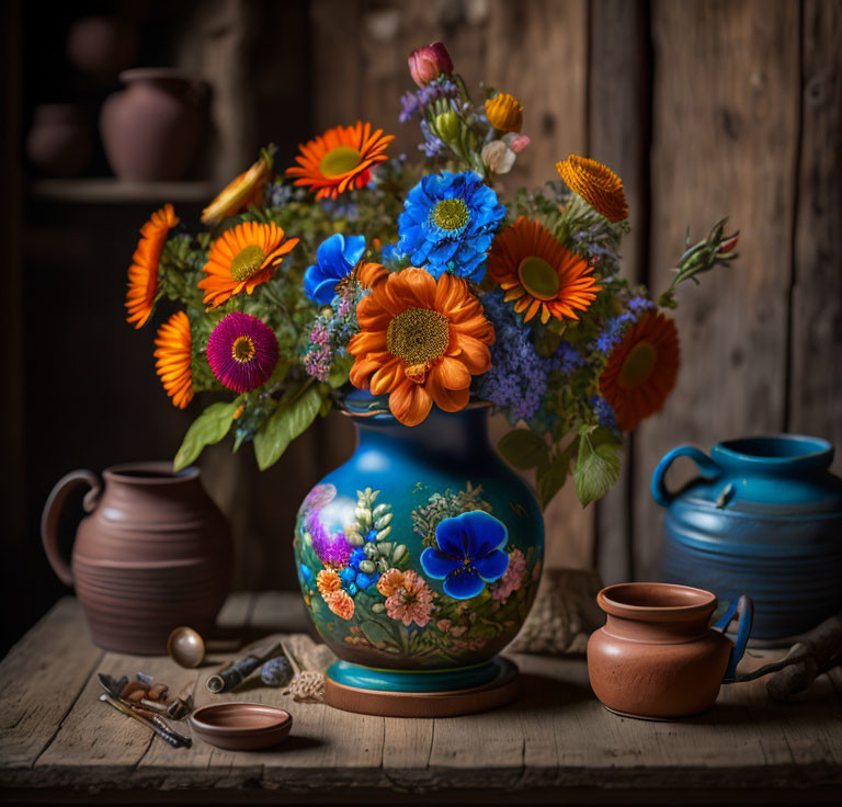 Colorful orange and blue flower bouquet in blue vase on rustic wooden table