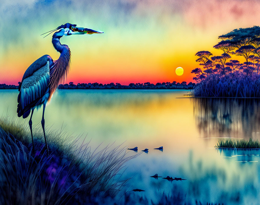 Tranquil lake at sunset with heron and vibrant colors