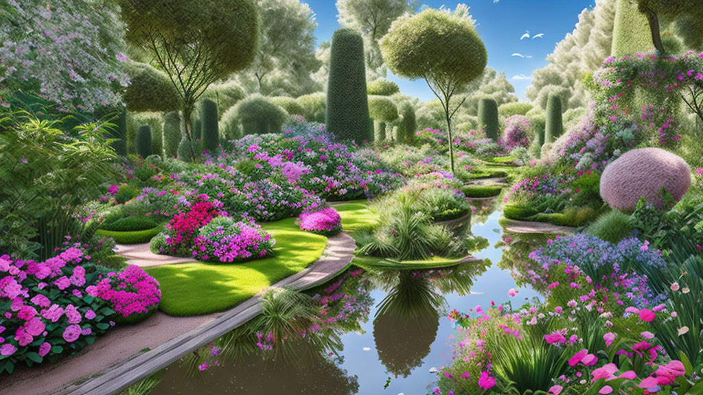 Vibrant garden with flowers, bushes, path, and stream