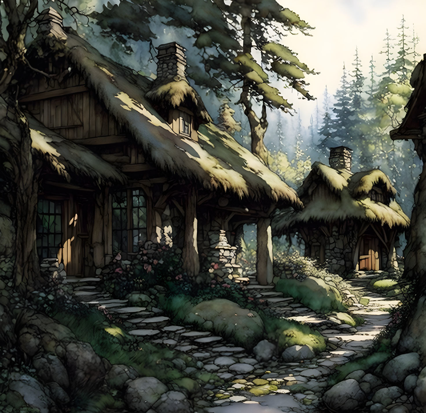 Tranquil forest cottage with thatched roof and stone path