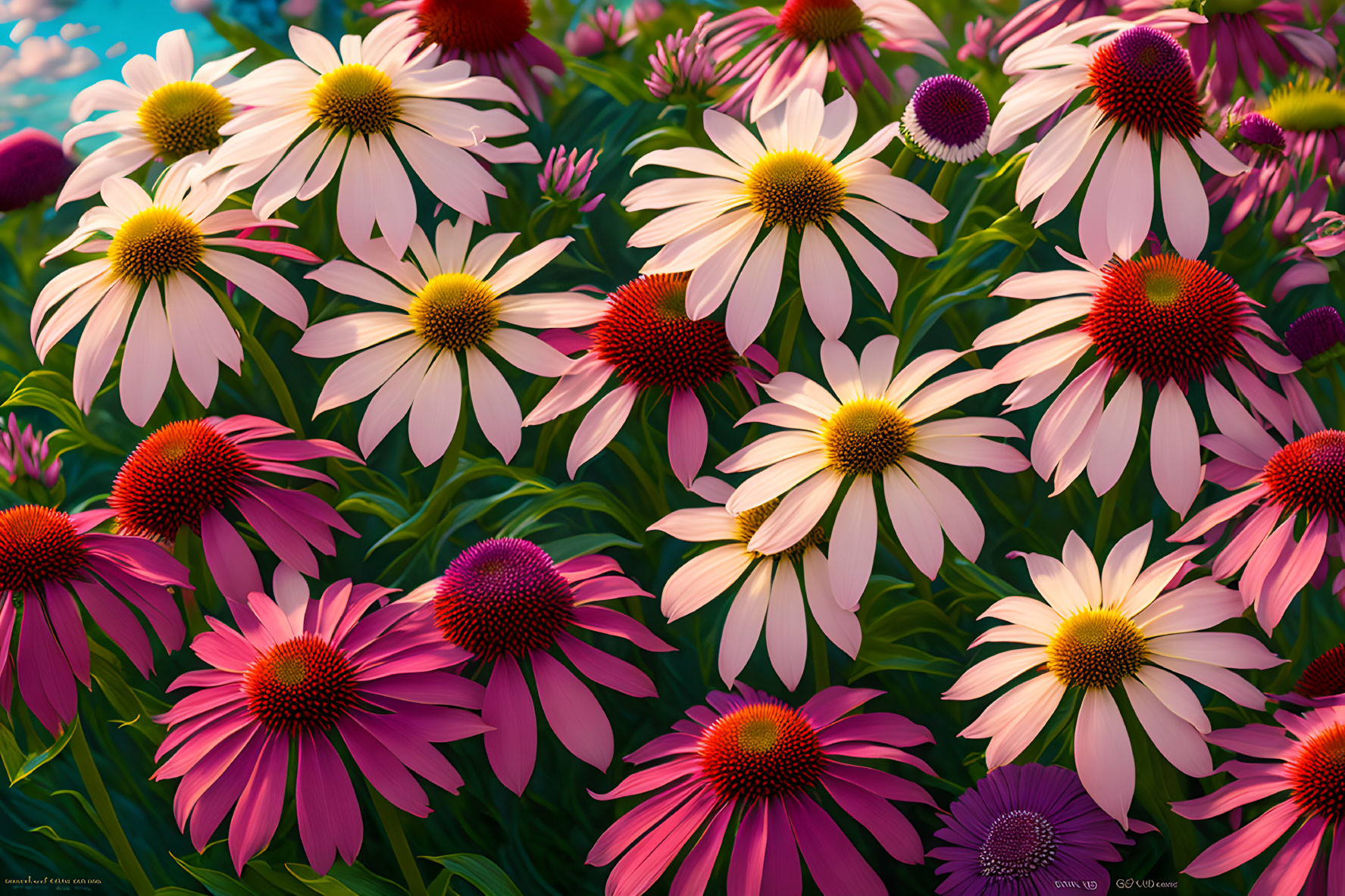 Colorful Pink Echinacea Flowers with Central Cones and Green Foliage