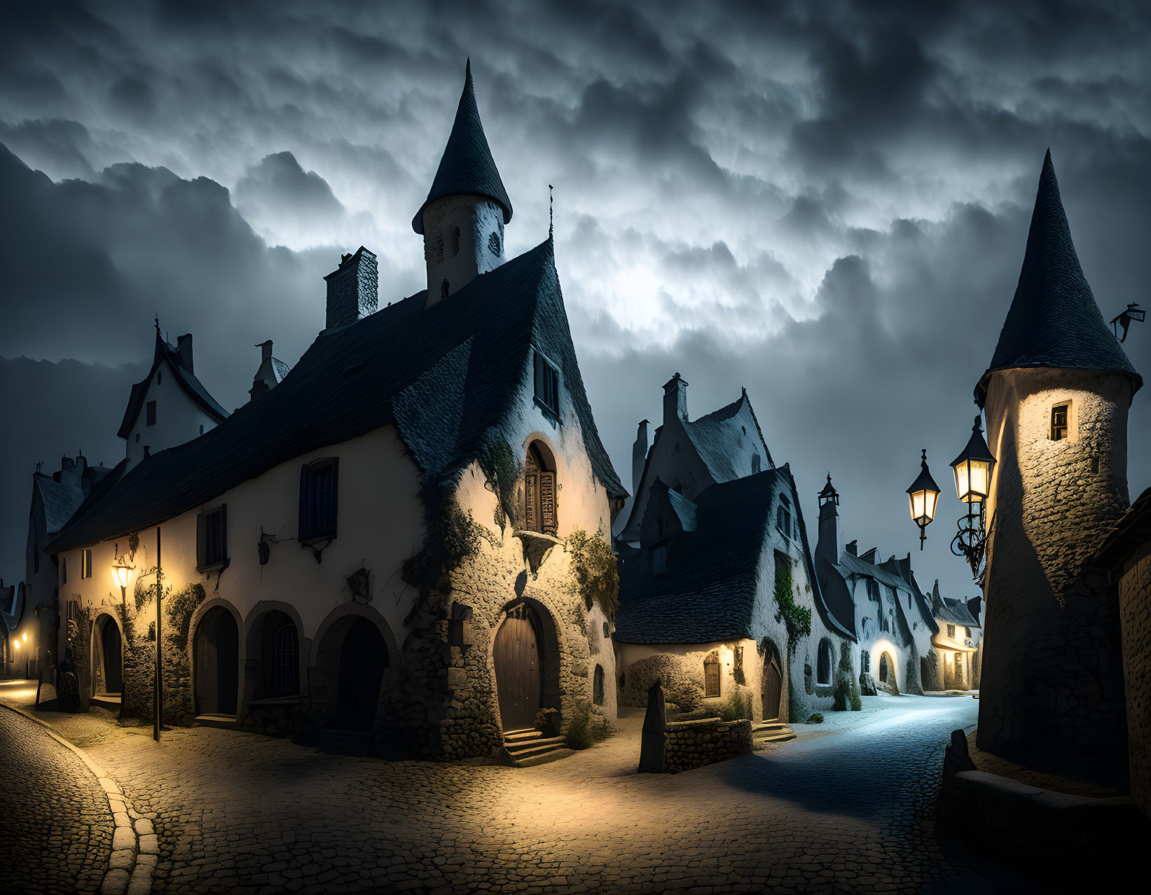 Medieval village cobblestone street at night with lanterns & traditional houses