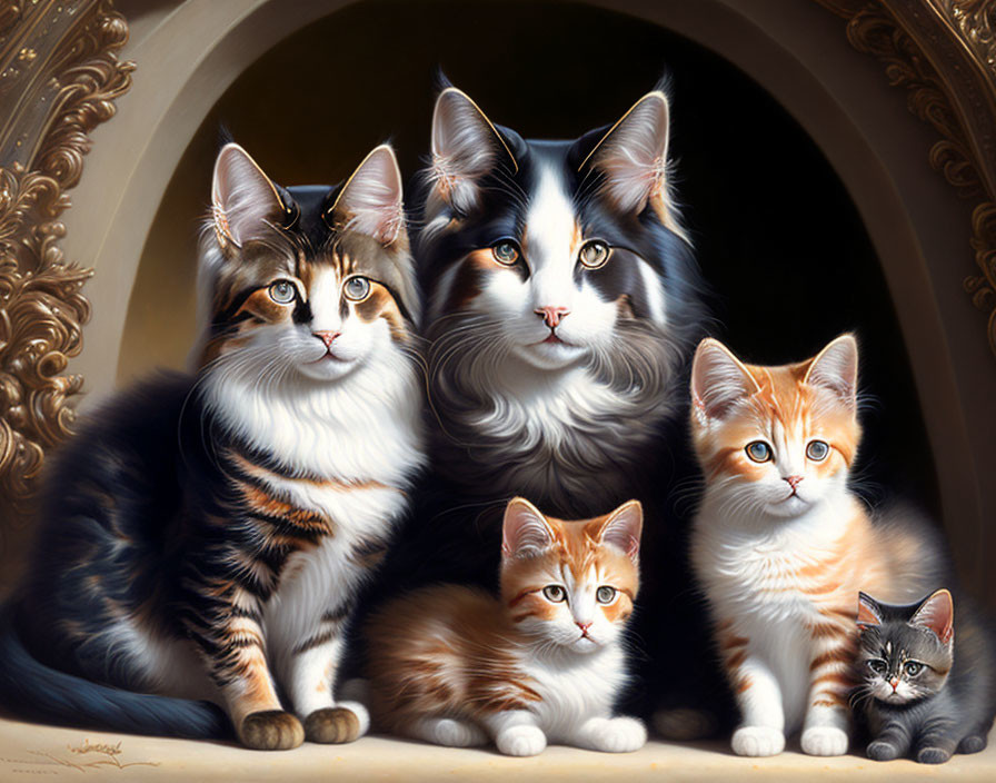 Four Cats of Various Coat Patterns Sitting in Front of Ornate Archway