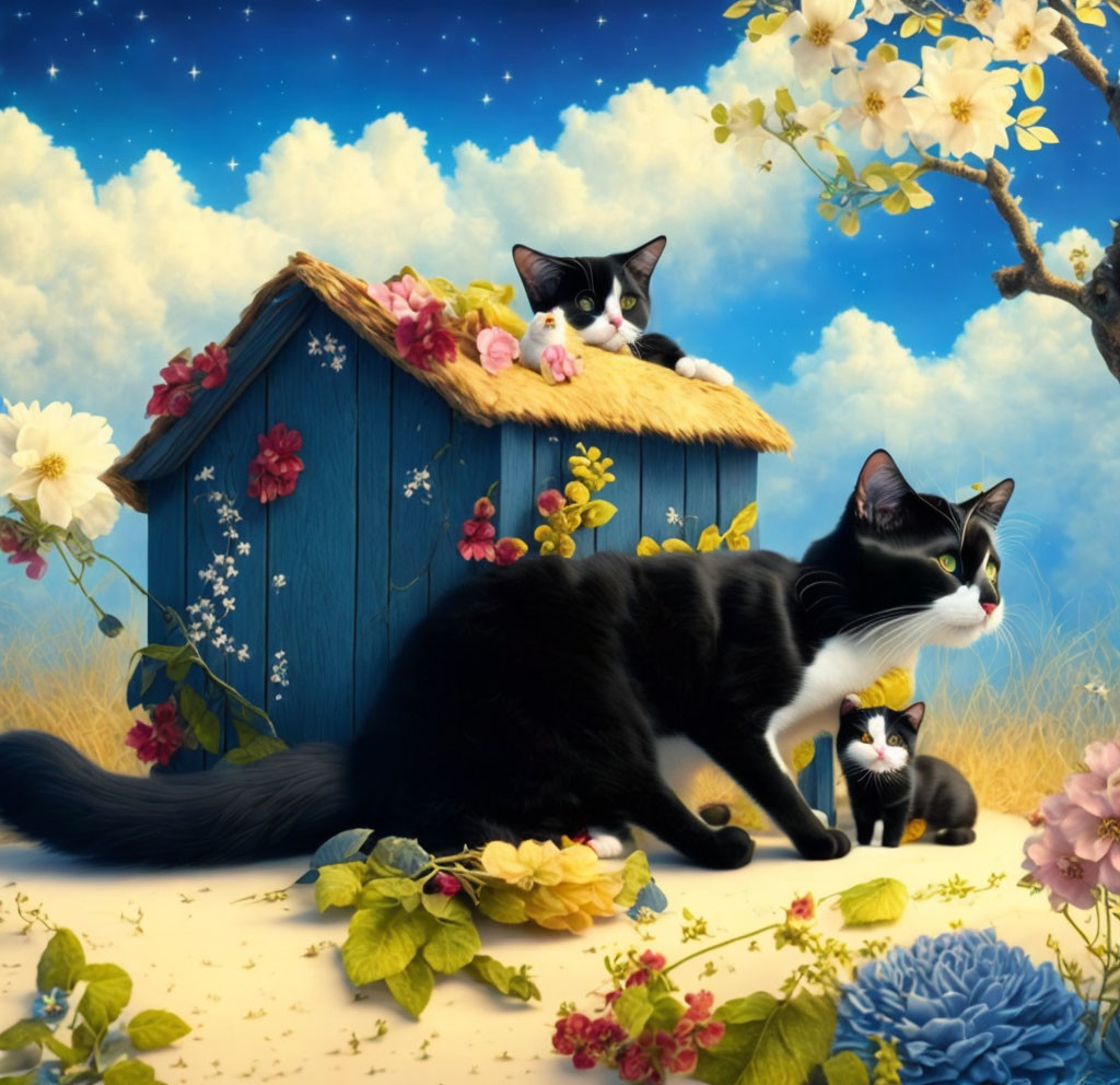 Black and white cats near blue birdhouse with colorful flowers under starry sky