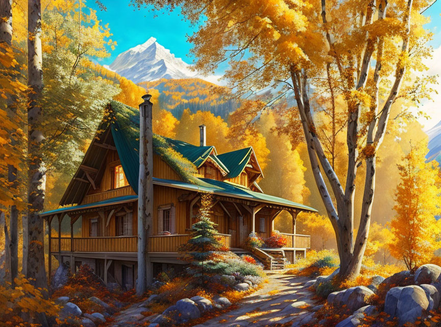 Rustic cabin in autumn forest with mountain backdrop