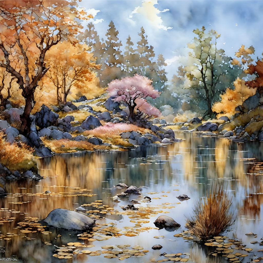 Serene river scene with autumn trees in watercolor