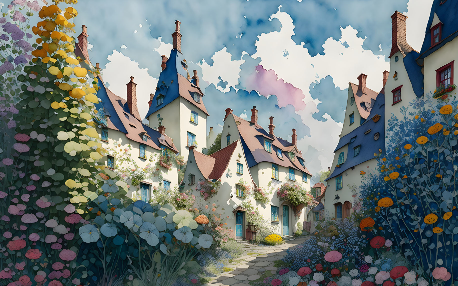 Picturesque European Village with Colorful Flowers and Whimsical Houses