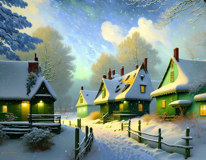 Snow-covered cottages under starry night sky with warm light.