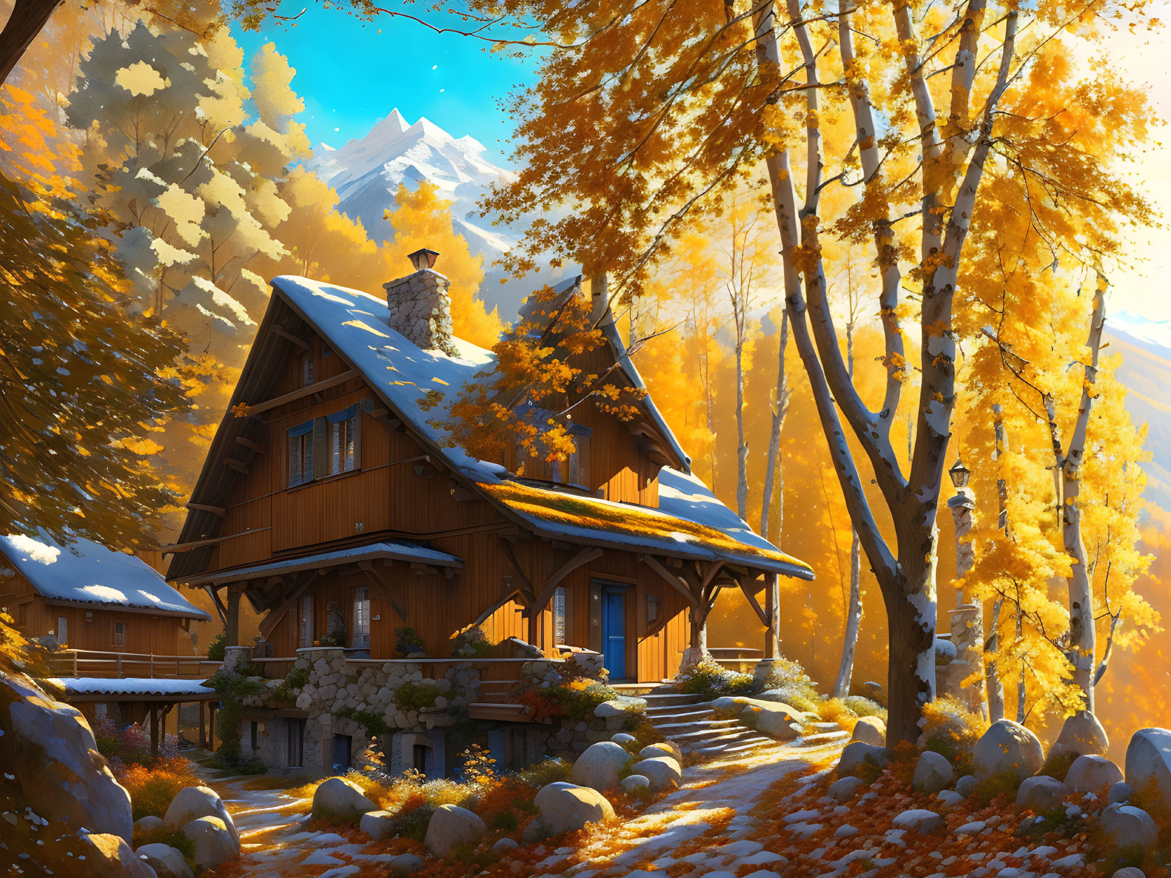 Rustic wooden cabin in autumn forest with snow dusting