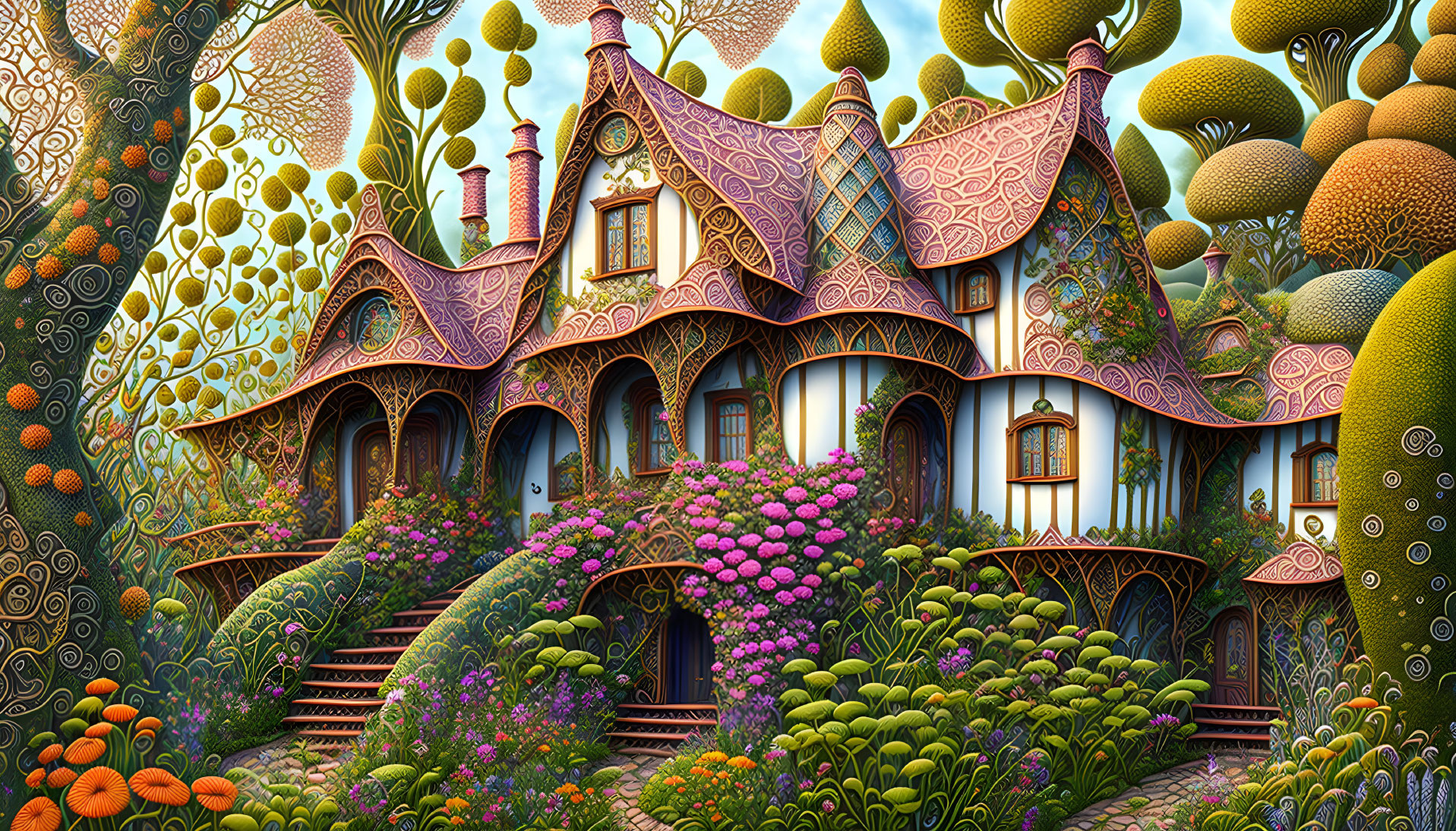 Fantastical cottage illustration in lush mushroom forest