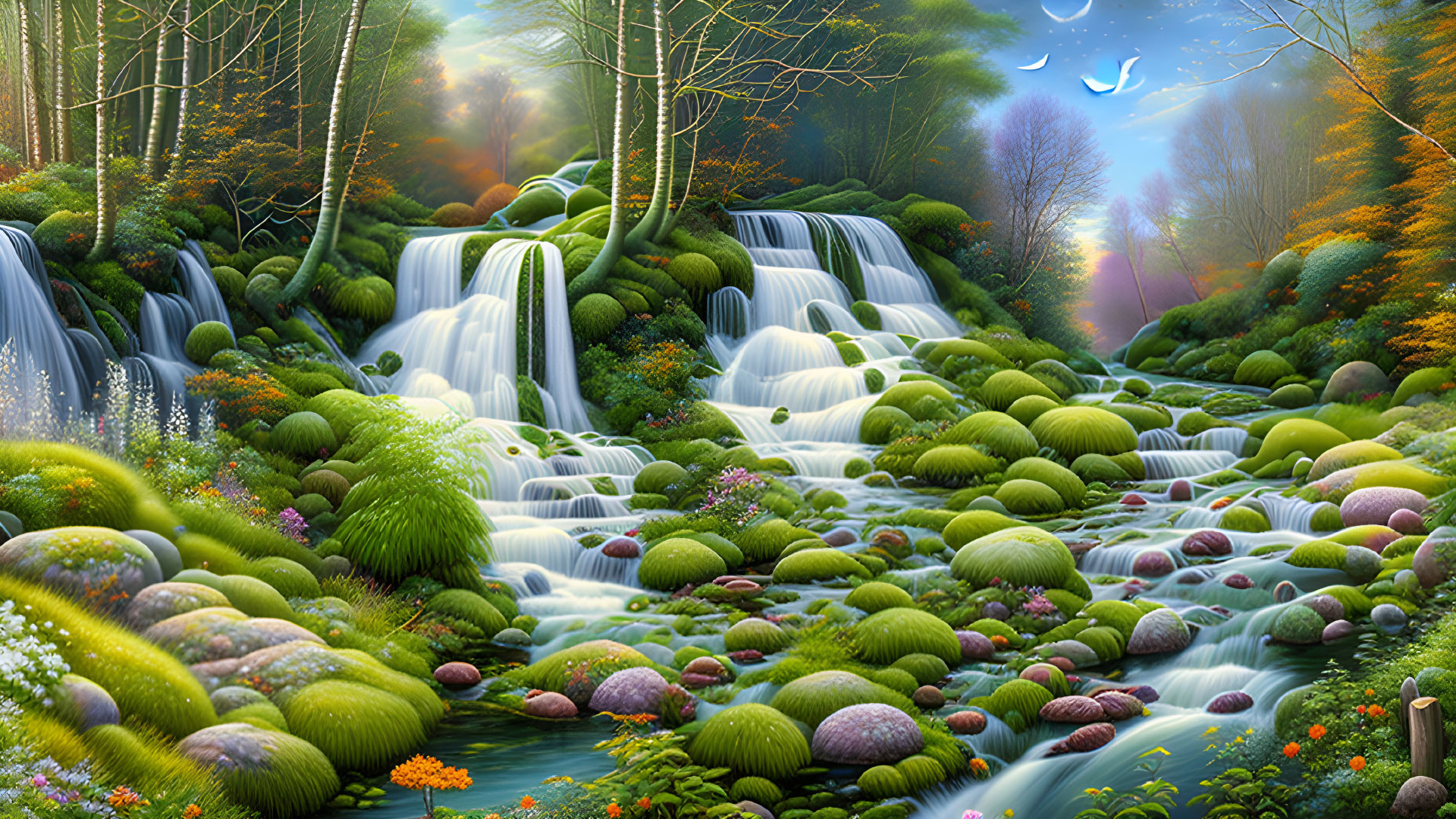 Lush Fantasy Landscape with Waterfalls and Sunlight