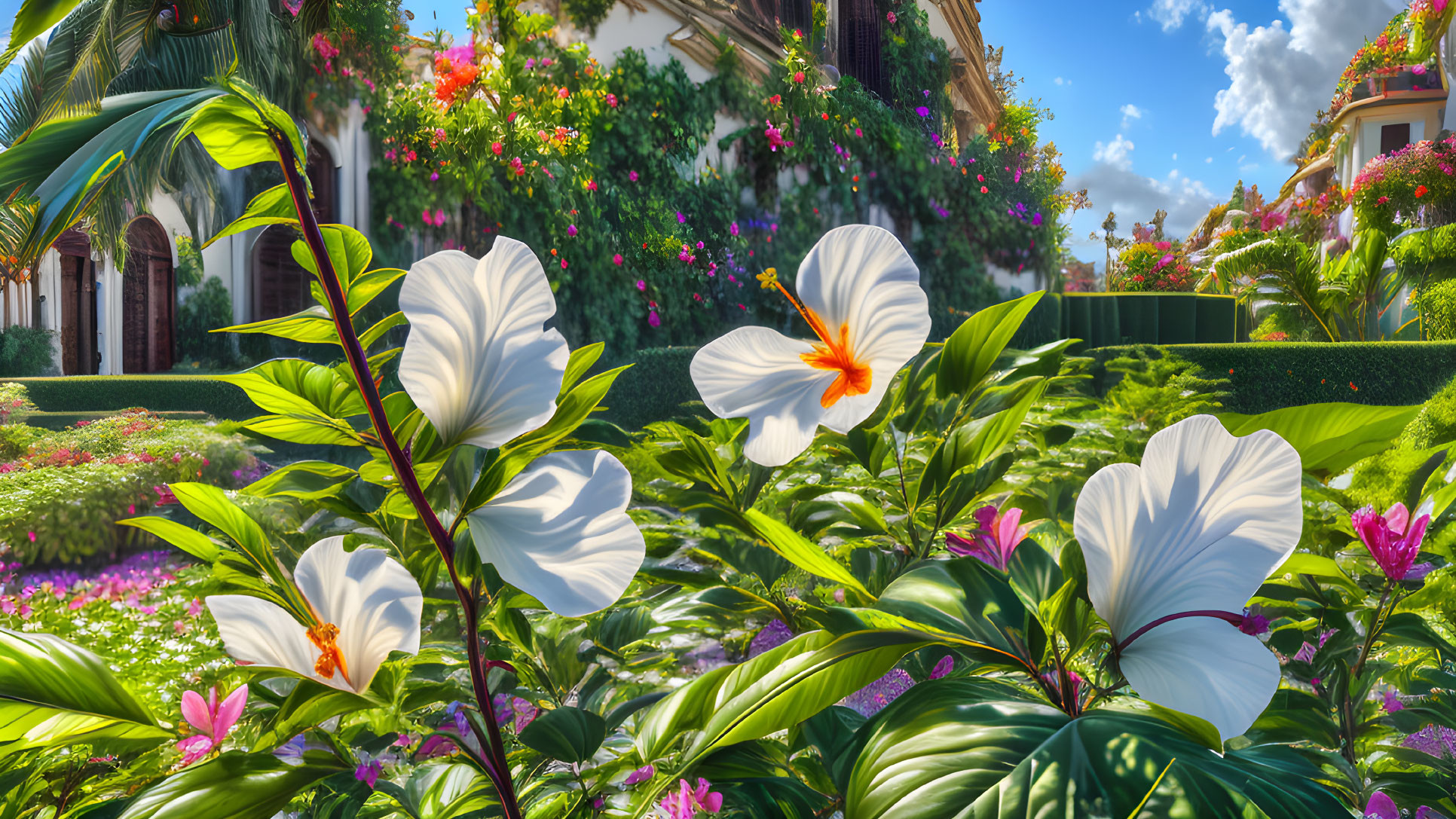 Lush Garden with Large White Flowers and Traditional Architecture