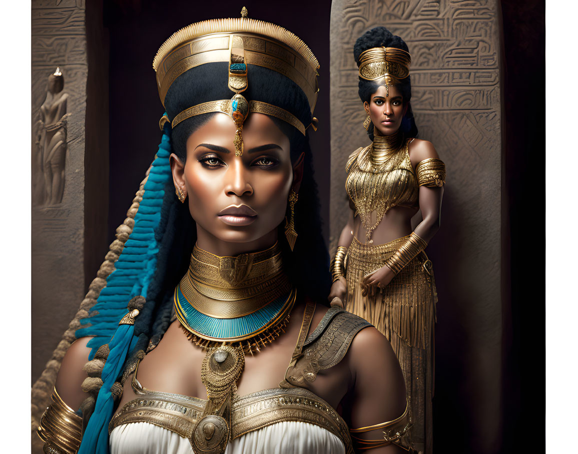 Ancient Egyptian royal attire featuring headdress, jewelry, and regal garments.