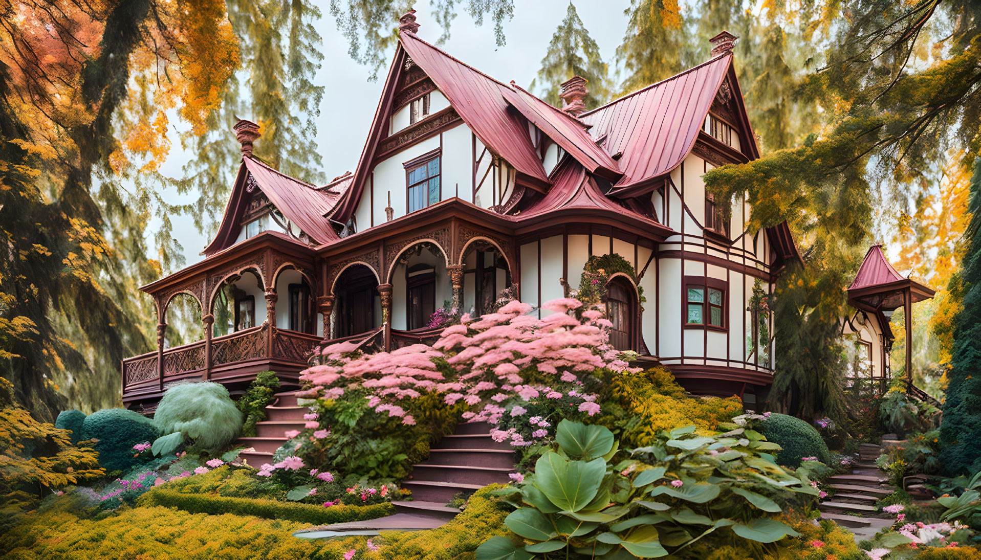 Victorian-style house with lush gardens and golden willow trees